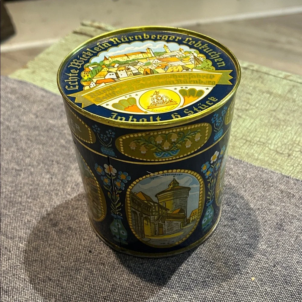 Vintage German Nürnberg Lebkuchen Tin Blue Gold Folk Art Canister